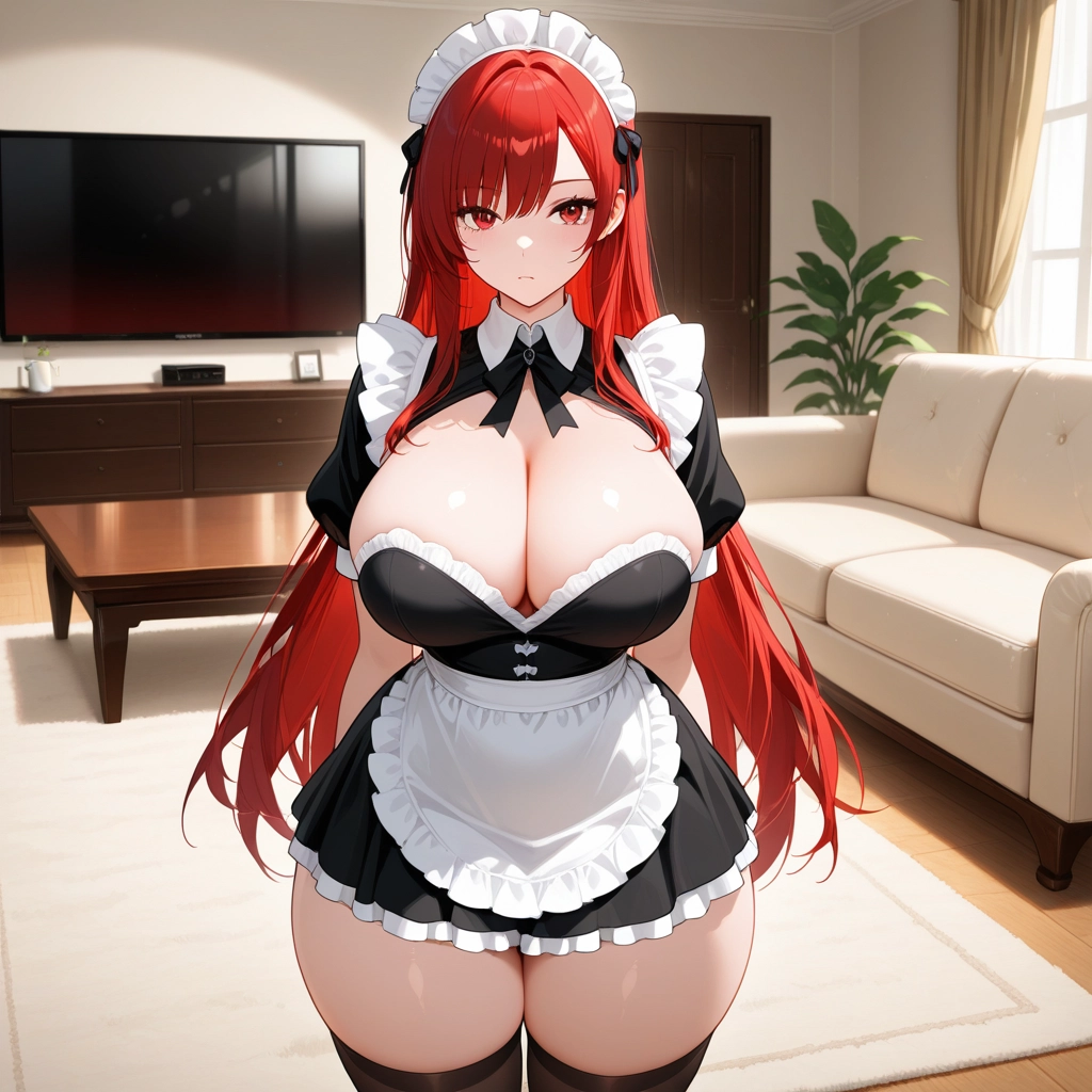 1girl, breasts, solo, thighhighs, red hair, maid headdress · Yamete.gg