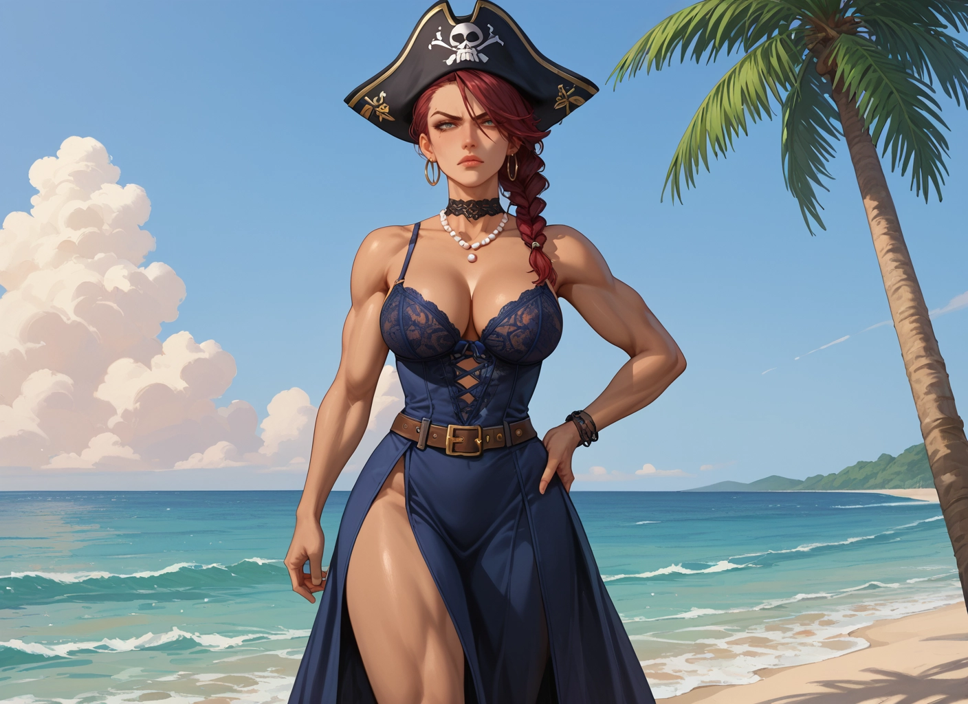 1girl, breasts, jewelry, hat, earrings, beach · Yamete.gg