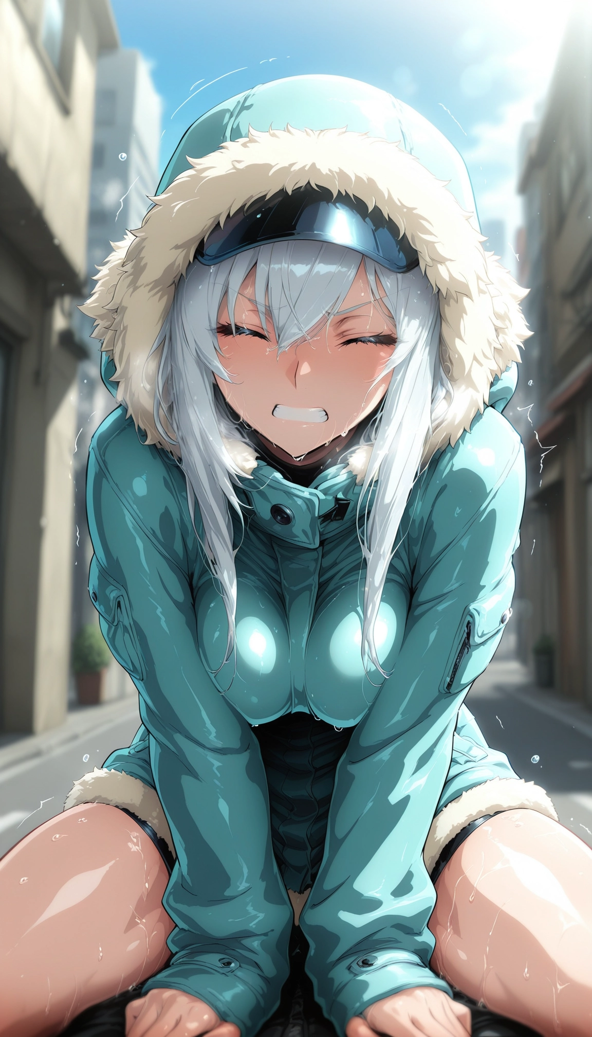 1girl, breasts, closed eyes, clenched teeth, hood, teeth · Yamete.gg