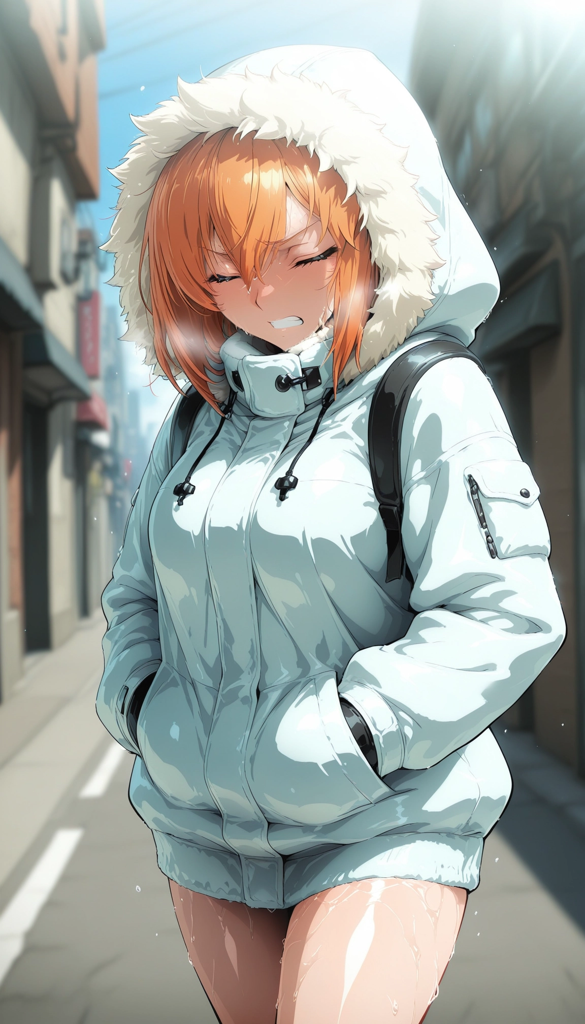 1girl, hood, orange hair, hands in pockets, closed eyes, solo · Yamete.gg
