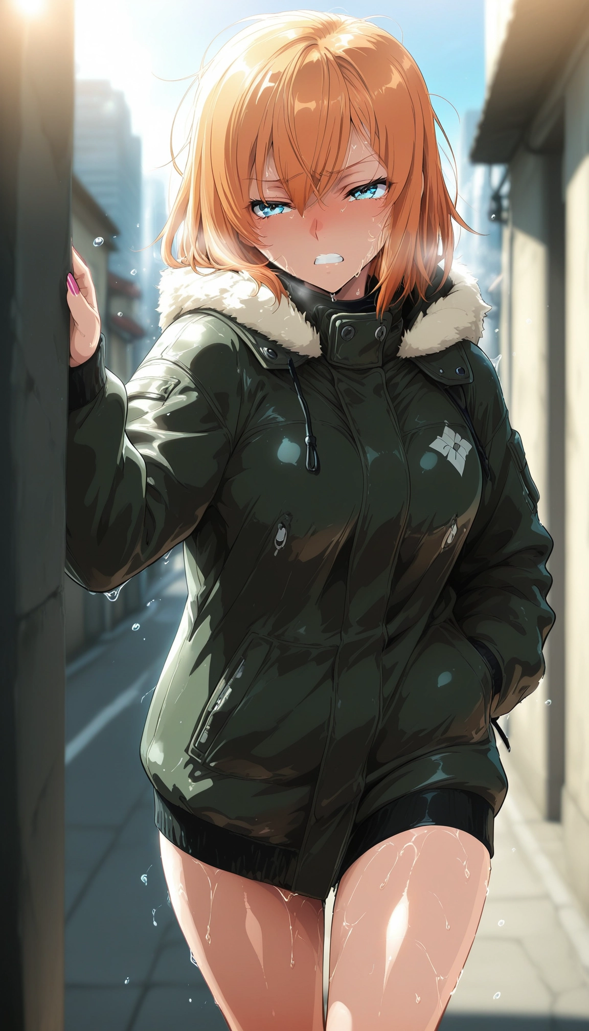 1girl, solo, blue eyes, blush, orange hair, outdoors · Yamete.gg