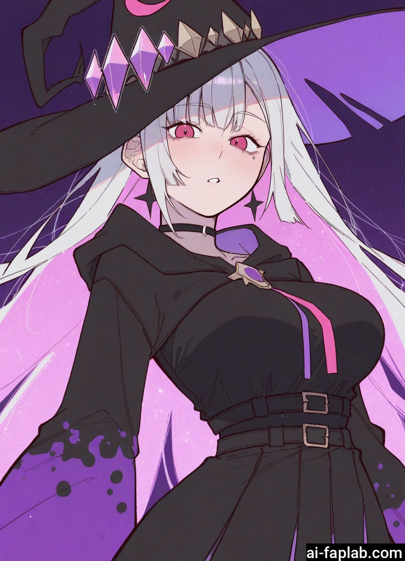 1girl, hat, witch hat, breasts, solo, jewelry