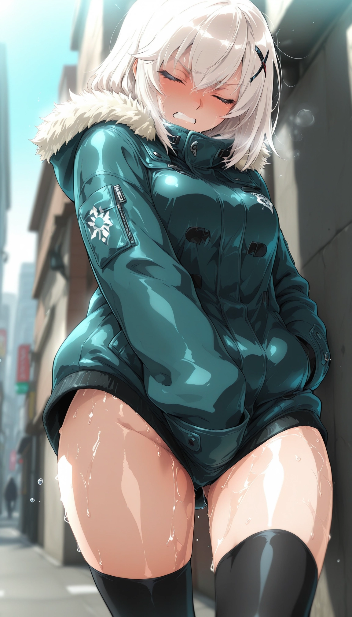 1girl, solo, thighhighs, closed eyes, clenched teeth, hair ornament · Yamete.gg