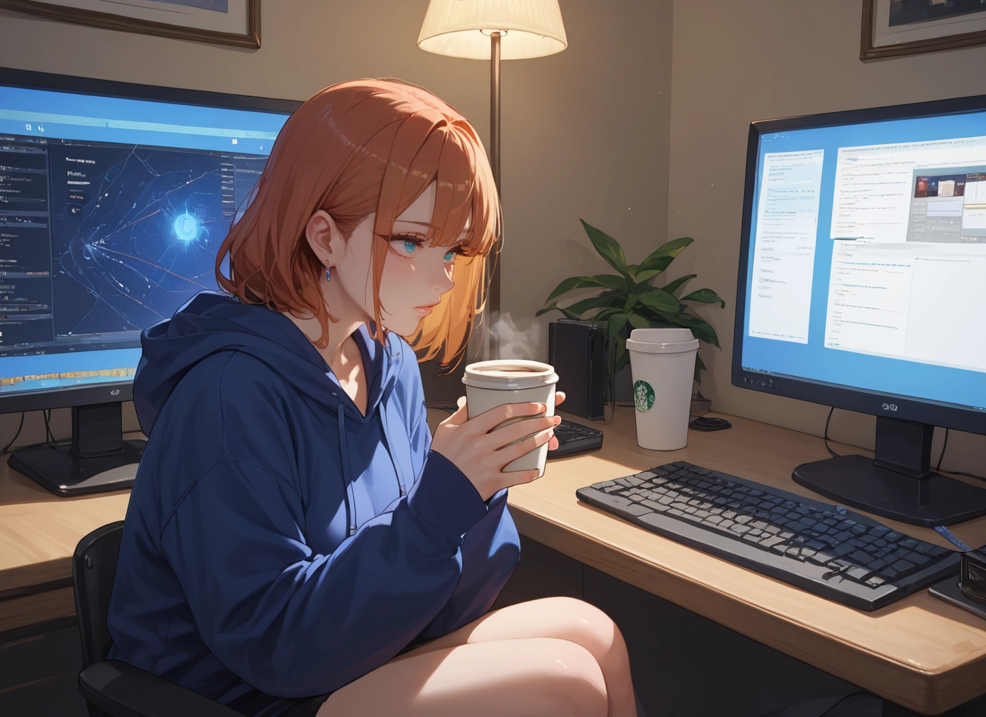 1girl, cup, hood, jewelry, solo, sitting · Yamete.gg