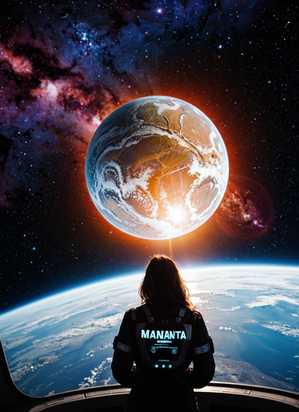 1girl, solo, planet, space, earth (planet), from behind