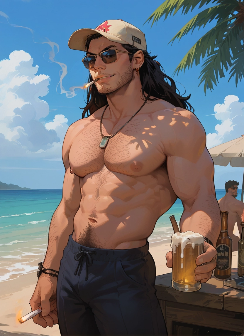 muscular male, muscular, pectorals, bara, nipples, facial hair · Yamete.gg