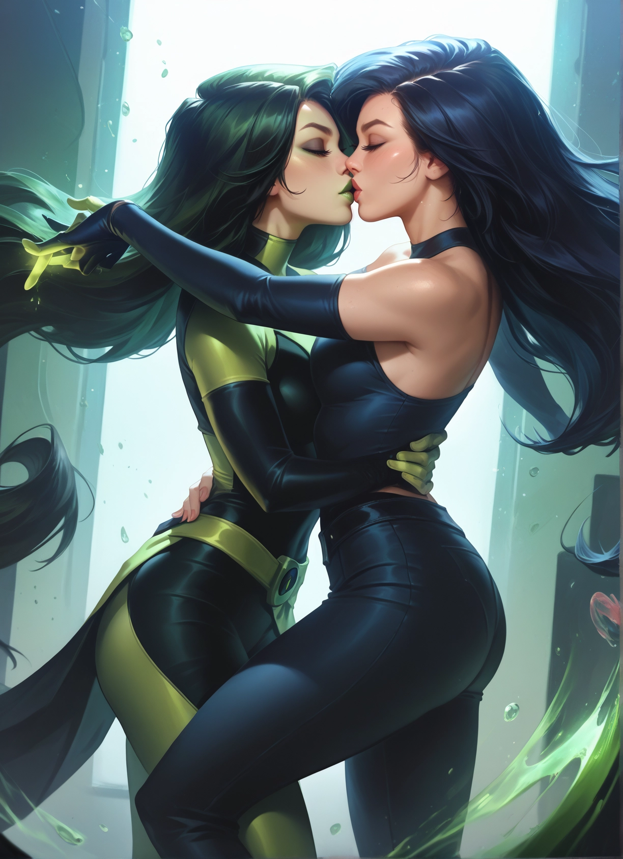 multiple girls, 2girls, yuri, long hair, kiss, closed eyes · Yamete.gg