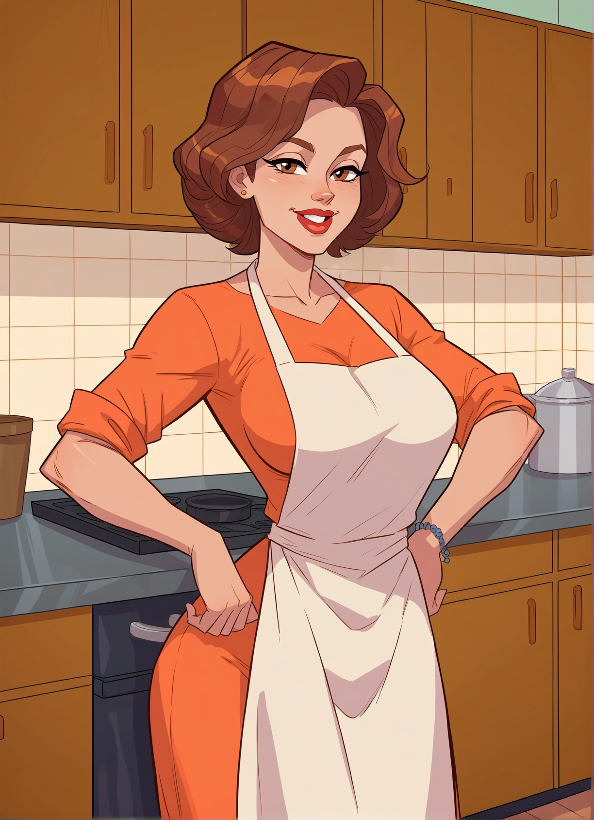 1girl, brown hair, apron, breasts, solo, jewelry · Yamete.gg