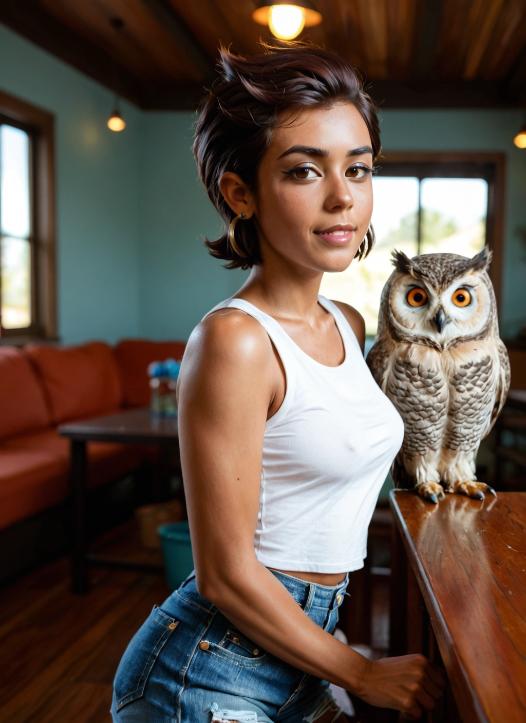 1girl, bird, jewelry, owl, earrings, denim · Yamete.gg