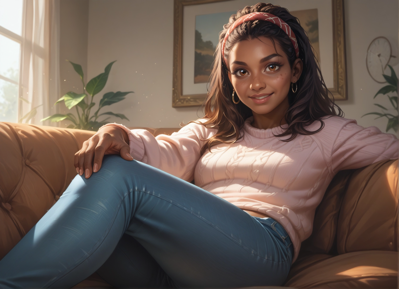 1girl, solo, jewelry, earrings, pants, sweater · Yamete.gg