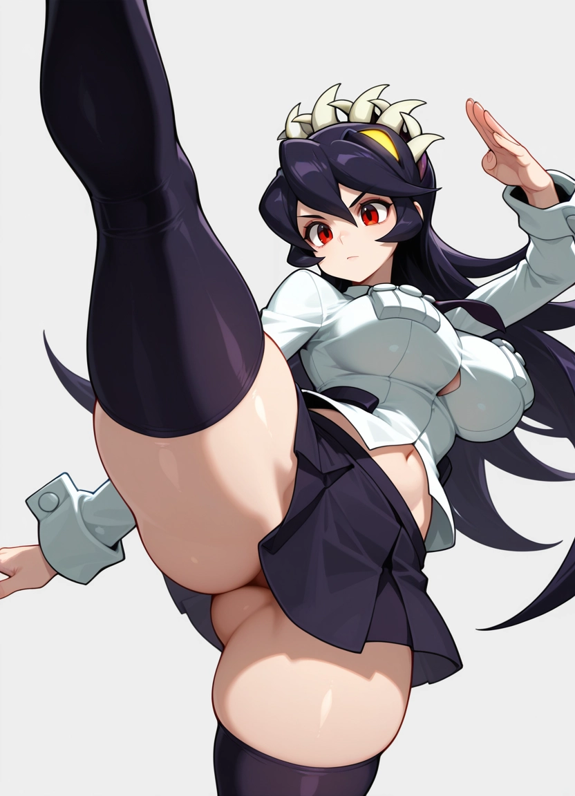 1girl, filia (skullgirls), breasts, thighhighs, red eyes, solo · Yamete.gg