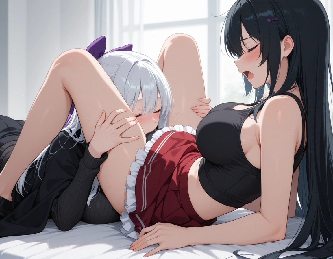 multiple girls, 2girls, breasts, yuri, skirt, closed eyes