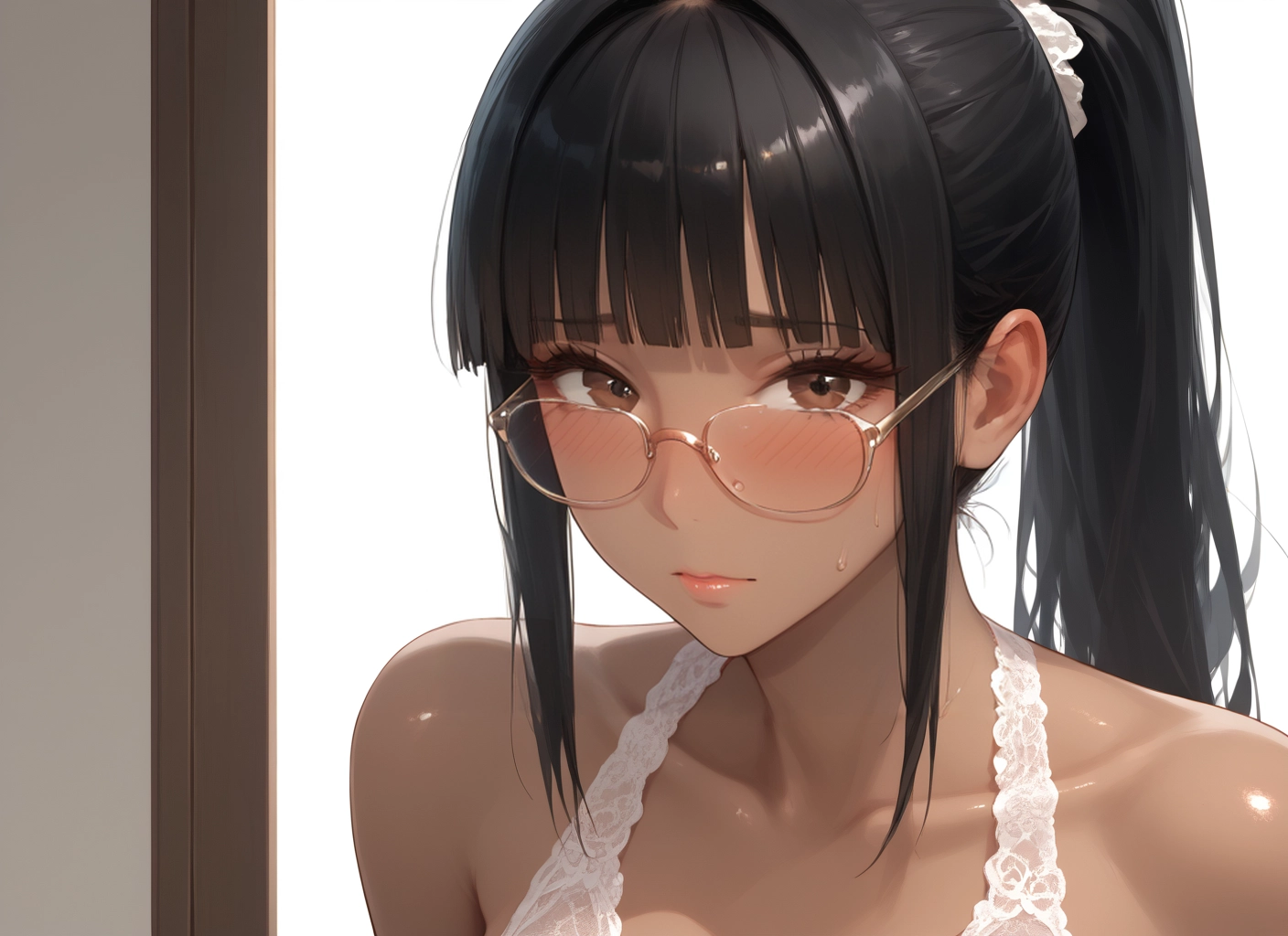 1girl, solo, glasses, blush, brown eyes, black hair · Yamete.gg