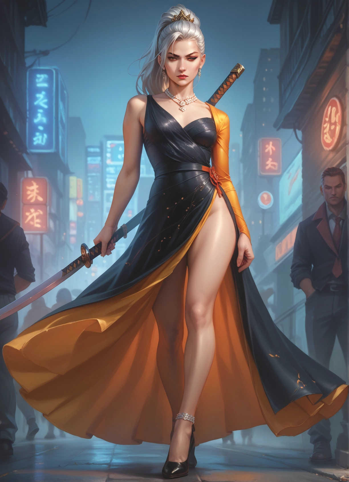1girl, weapon, sword, dress, jewelry, earrings · Yamete.gg