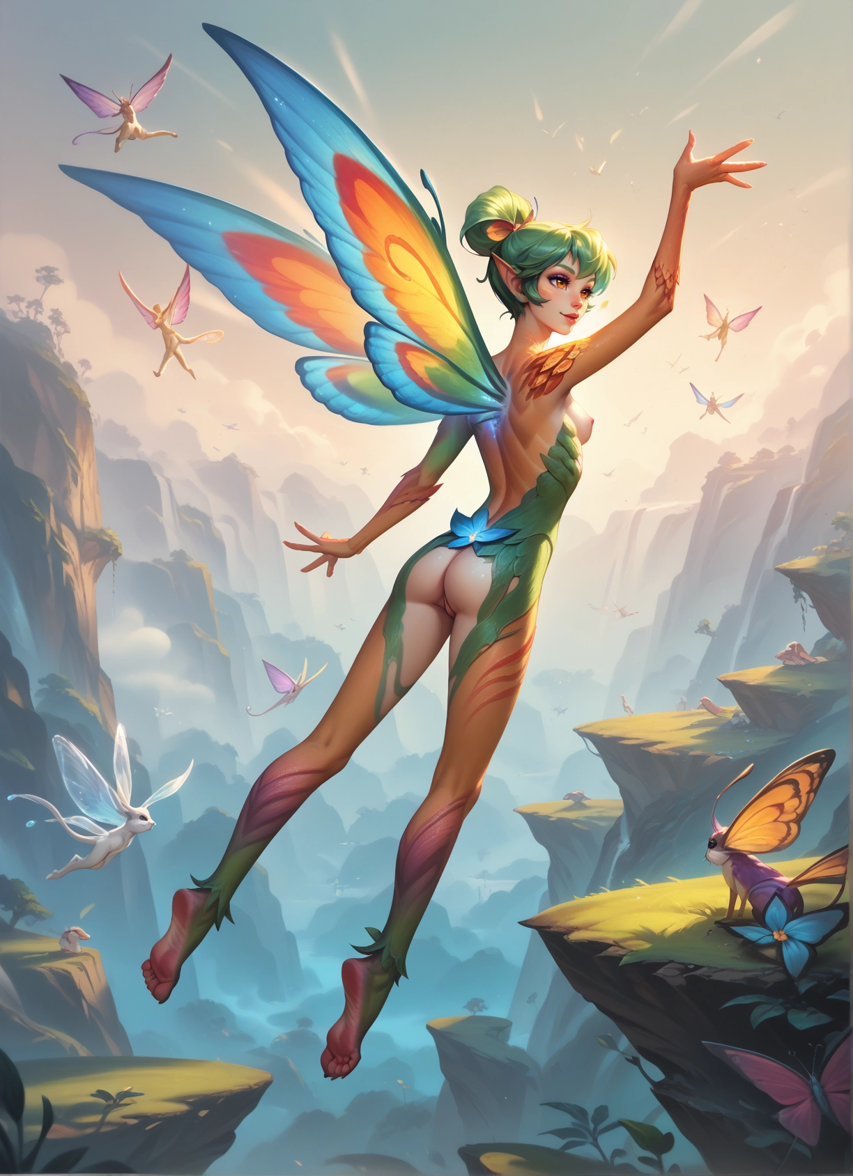 ass, wings, breasts, pointy ears, 1girl, green hair · Yamete.gg