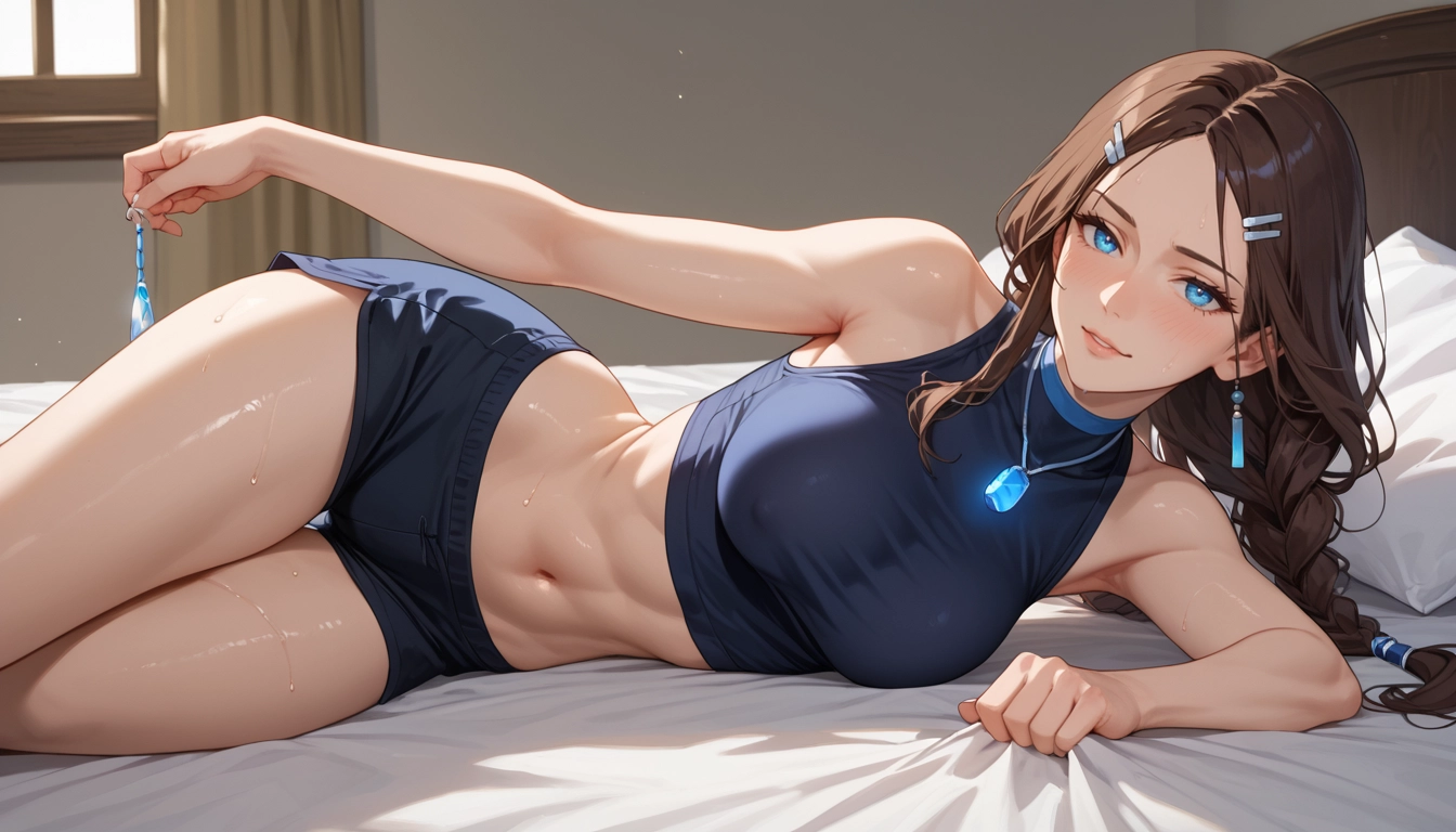 on side, 1girl, solo, lying, navel, shirt · Yamete.gg
