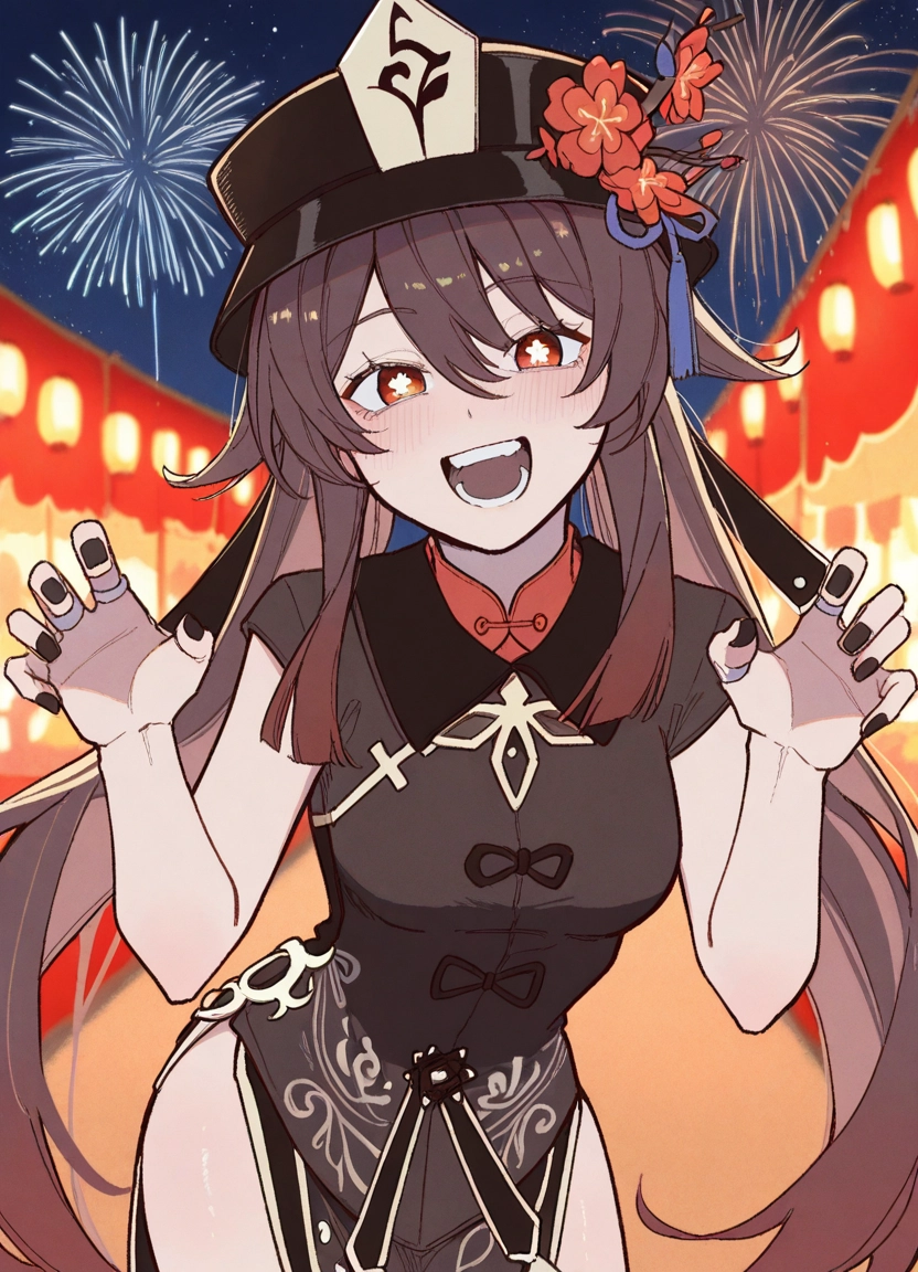 1girl, open mouth, fireworks, solo, brown hair, jewelry · Yamete.gg