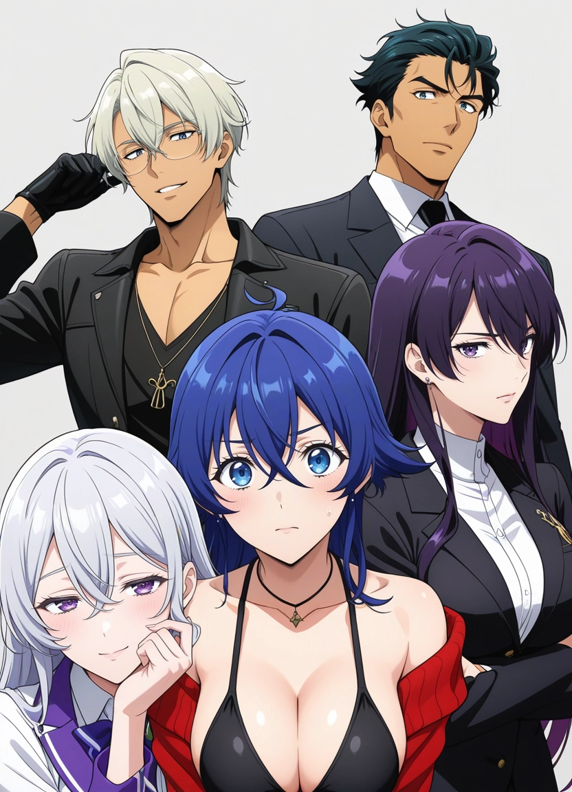 multiple girls, jewelry, breasts, necklace, purple eyes, multiple boys · Yamete.gg