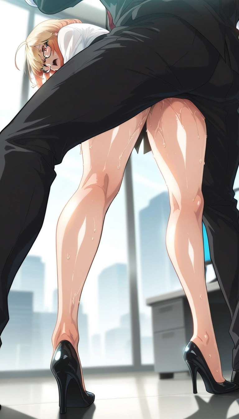 1girl, high heels, blonde hair, skirt, 1boy, office lady · Yamete.gg