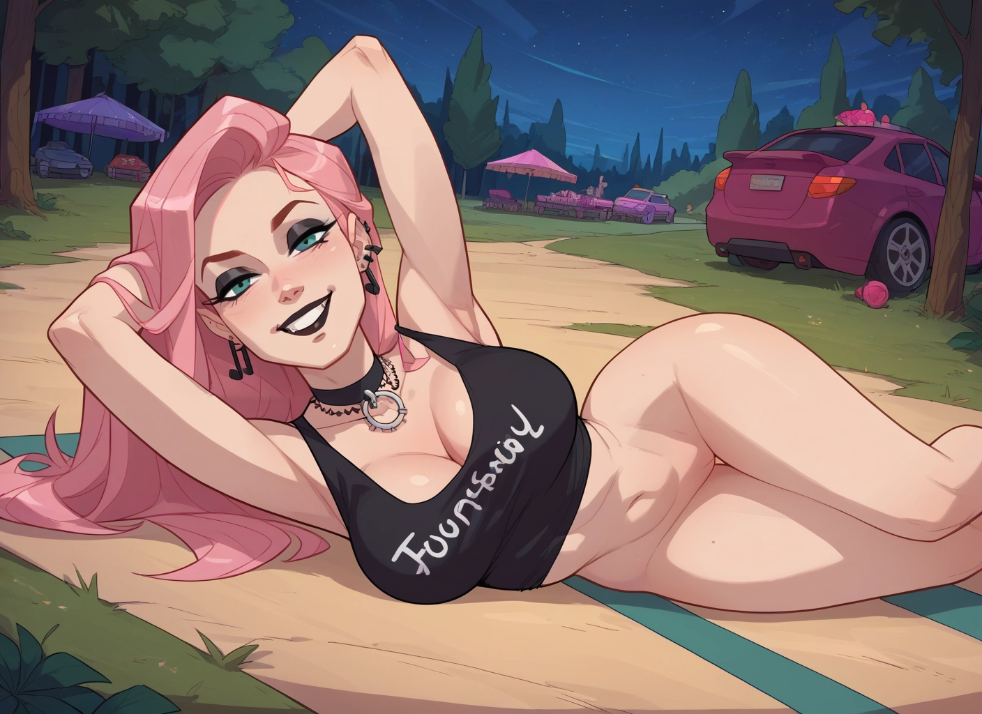 breasts, pink hair, bottomless, 1girl, car, motor vehicle · Yamete.gg