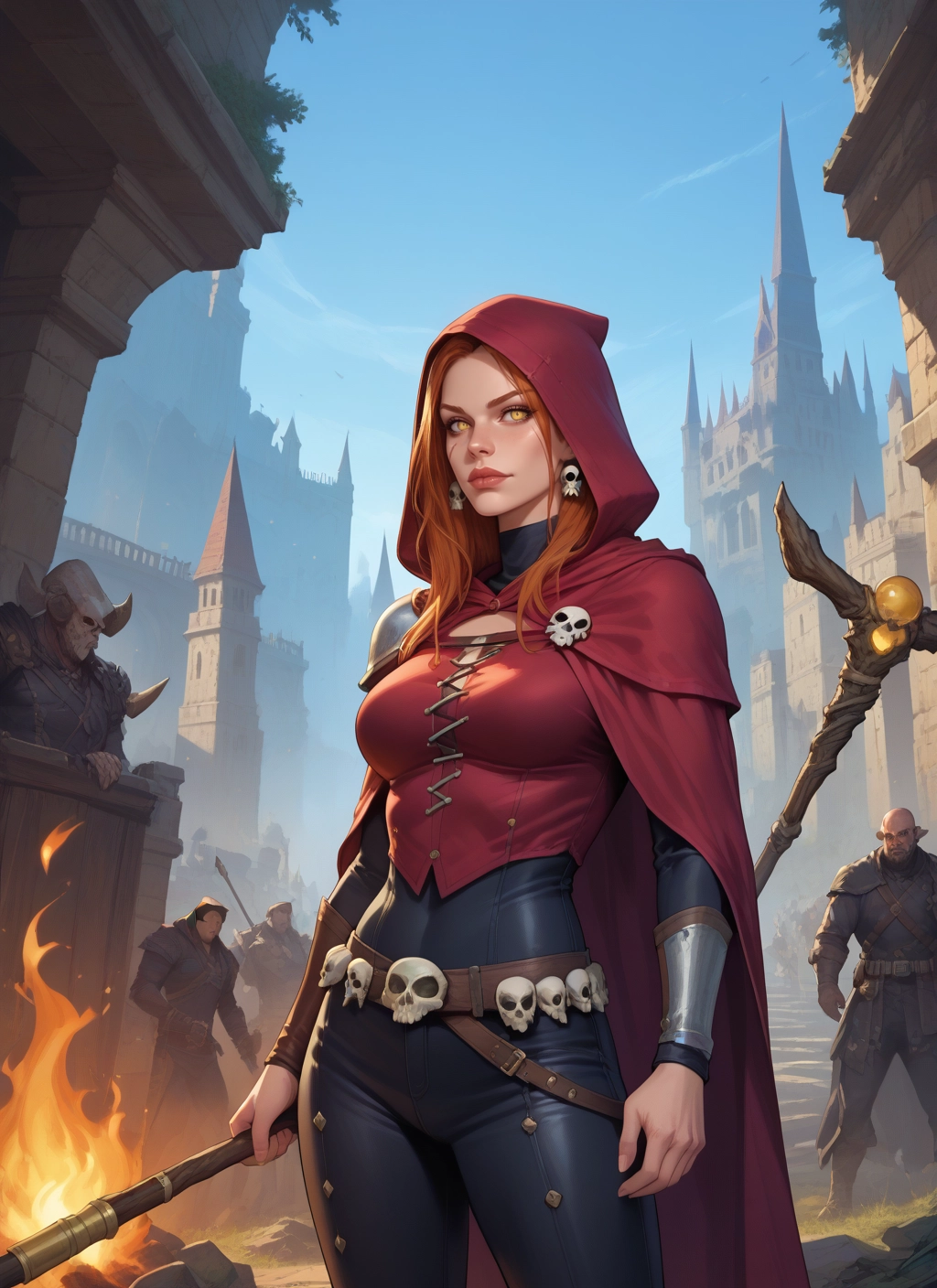 1girl, jewelry, hood, earrings, staff, breasts · Yamete.gg