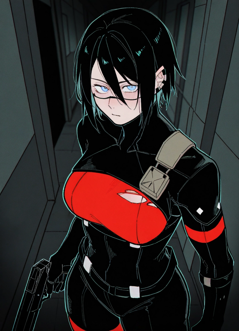 1girl, weapon, gun, blue eyes, breasts, solo · Yamete.gg