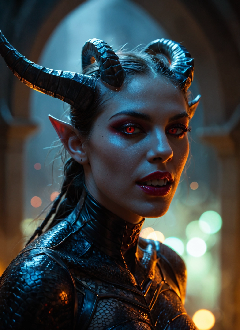 1girl, horns, solo, pointy ears, red eyes, teeth · Yamete.gg