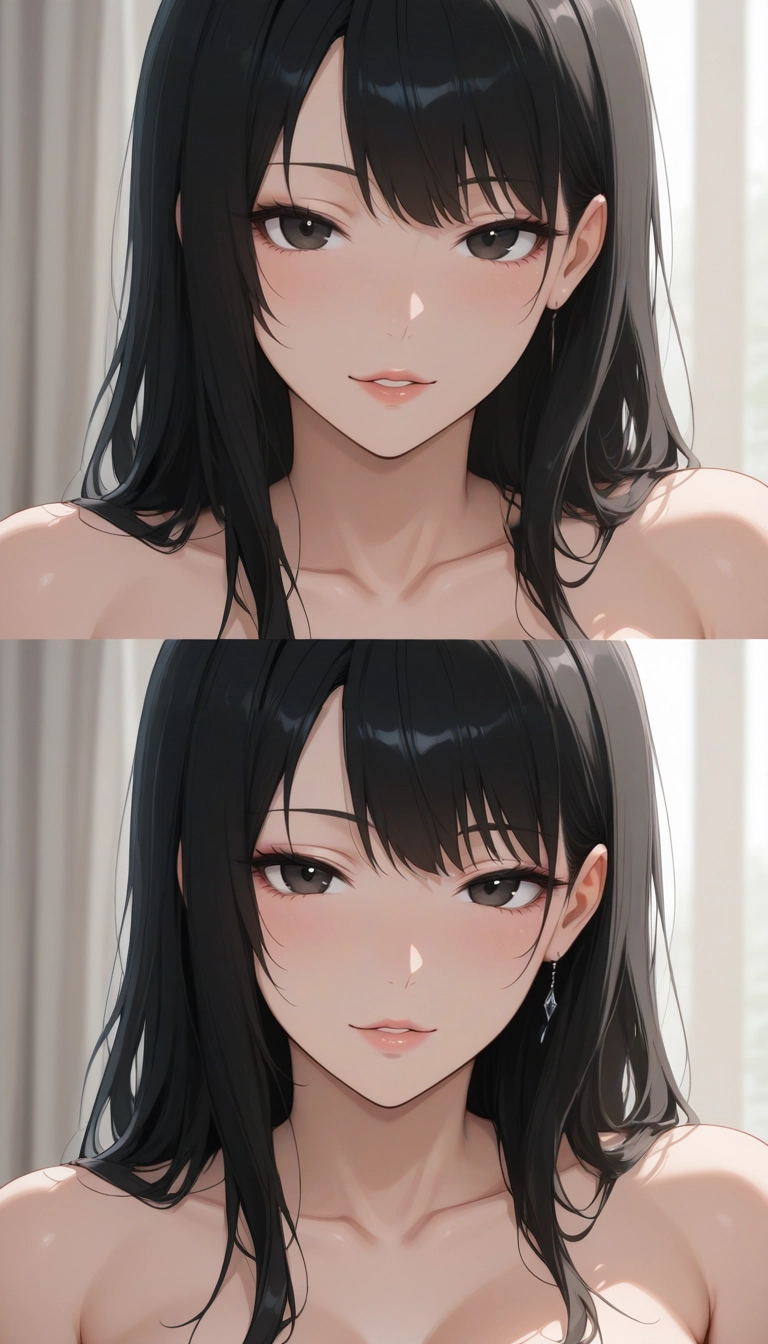 1girl, looking at viewer, black hair, long hair, collarbone, earrings · Yamete.gg
