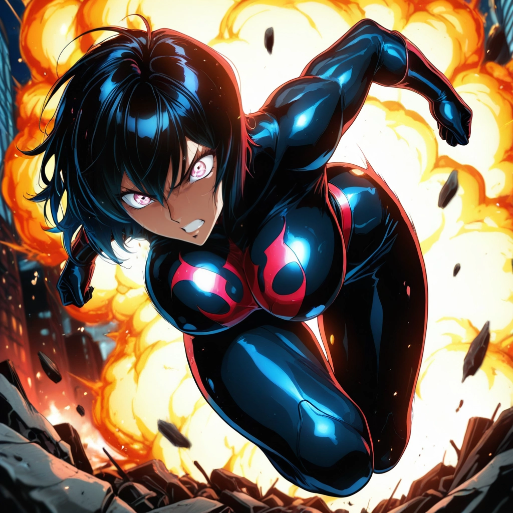 1girl, solo, breasts, bodysuit, clenched teeth, explosion · Yamete.gg