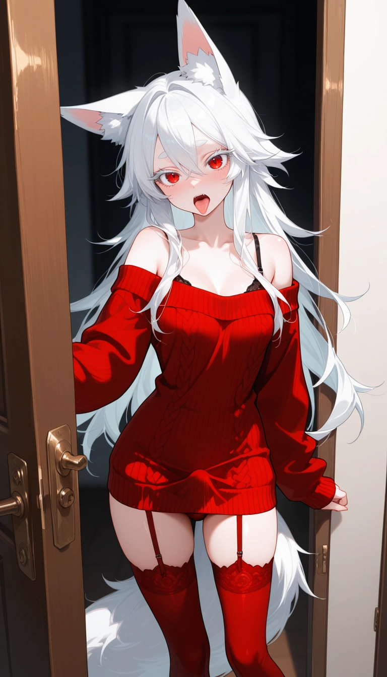 1girl, solo, red eyes, animal ears, tongue, underwear · Yamete.gg