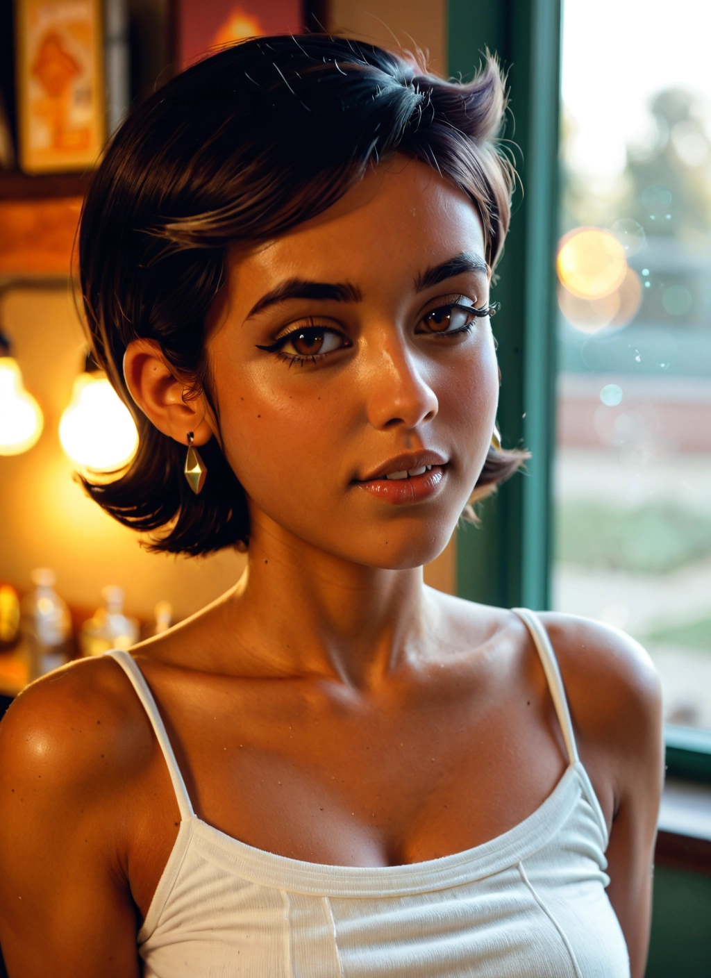 1girl, solo, jewelry, earrings, brown eyes, short hair · Yamete.gg
