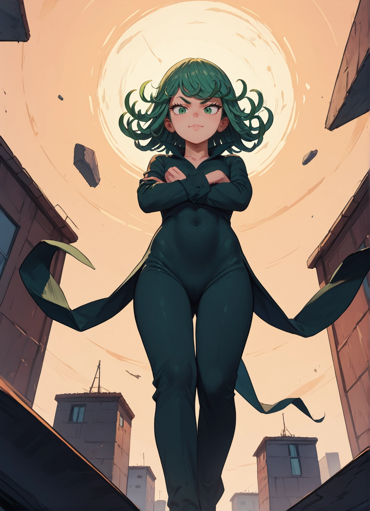 1girl, solo, green eyes, dress, green hair, black dress · Yamete.gg