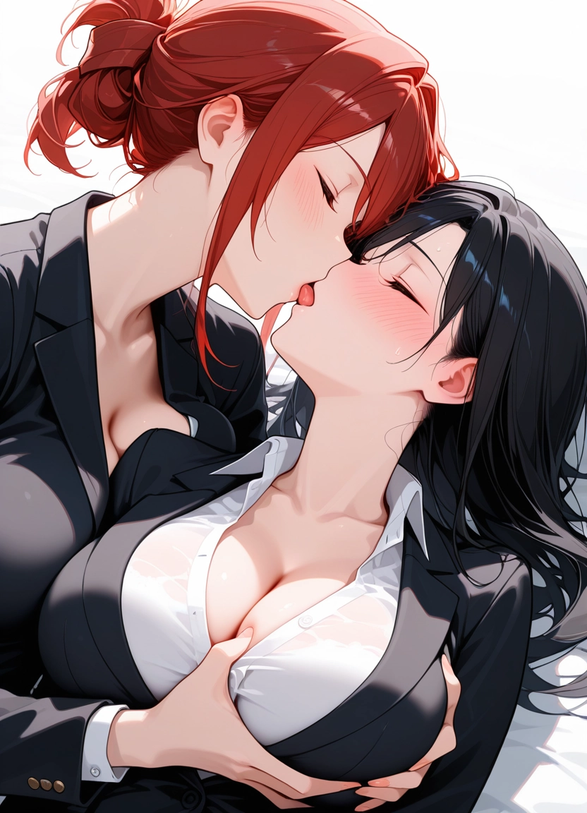 breasts, multiple girls, 2girls, yuri, kiss, closed eyes · Yamete.gg