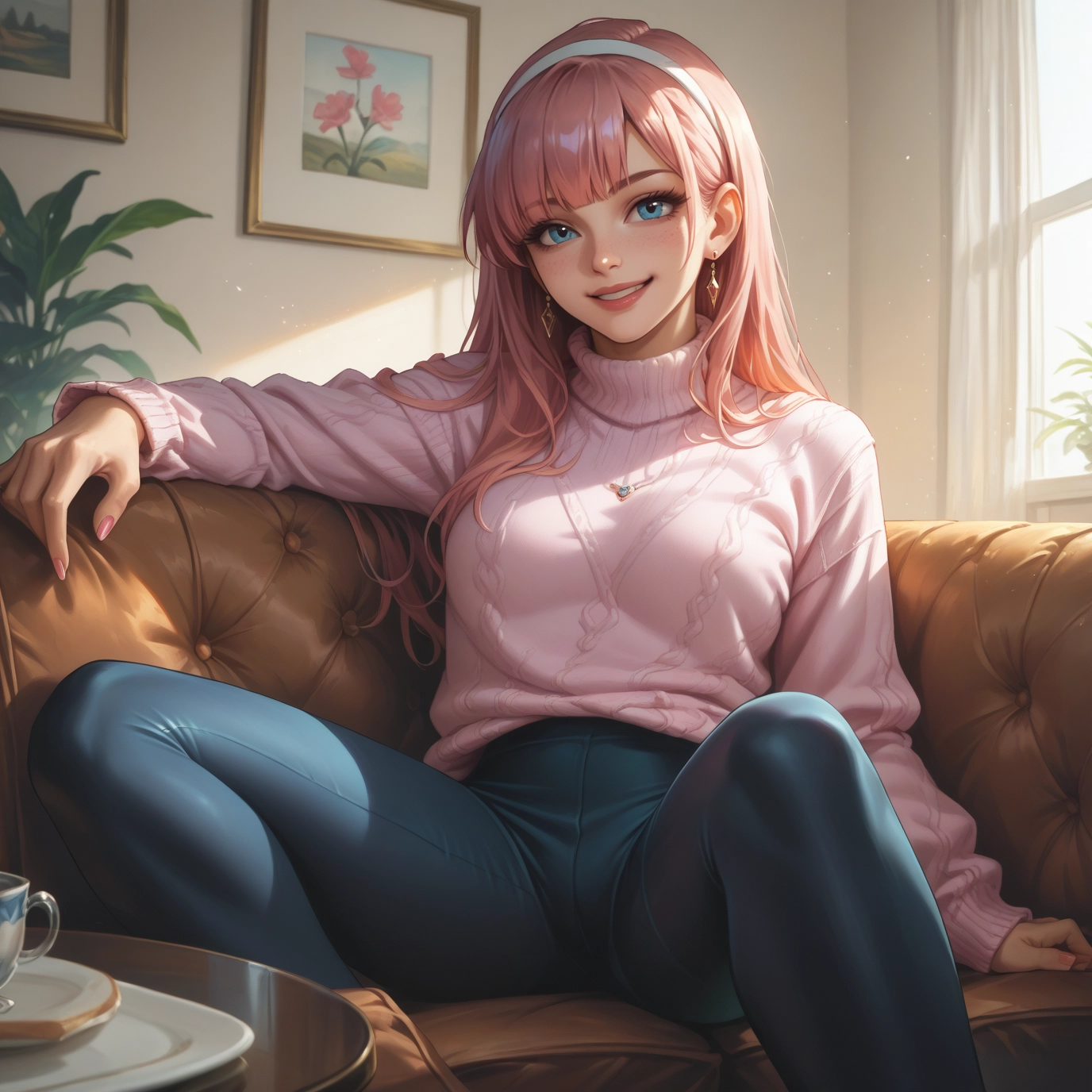 1girl, sweater, jewelry, pink hair, blue eyes, solo · Yamete.gg