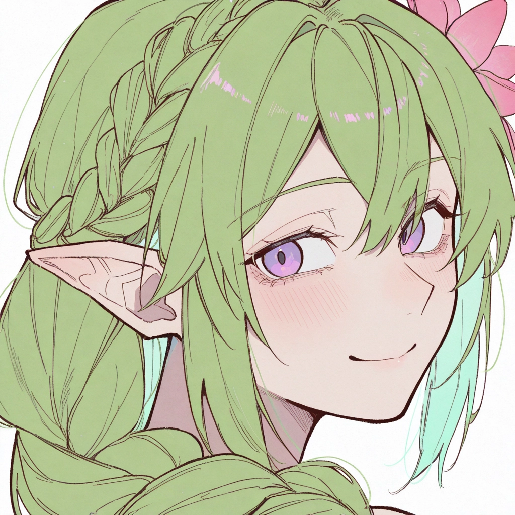 1girl, pointy ears, solo, green hair, smile, braid · Yamete.gg