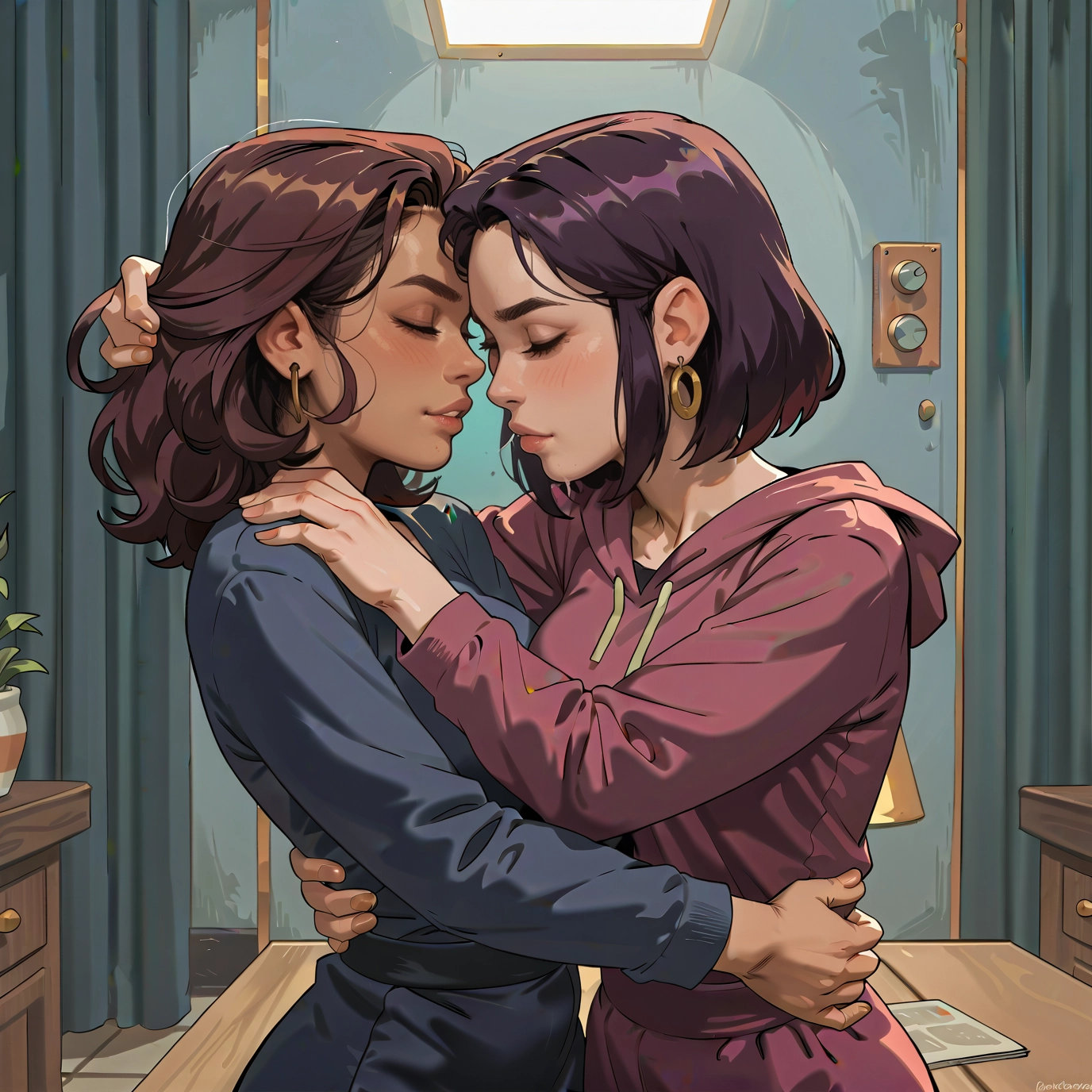 multiple girls, 2girls, yuri, jewelry, earrings, closed eyes · Yamete.gg