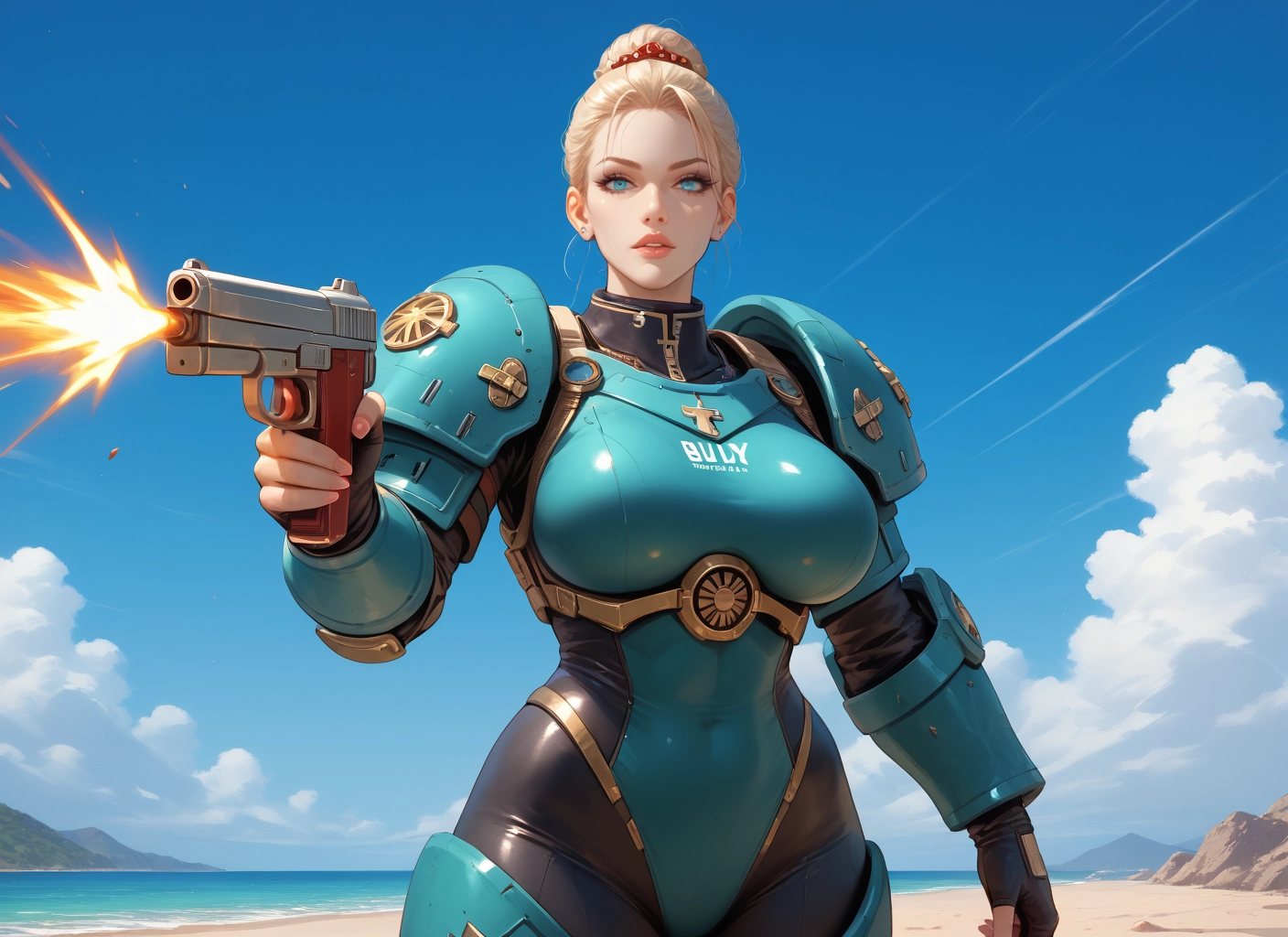 1girl, weapon, gun, solo, blonde hair, breasts · Yamete.gg