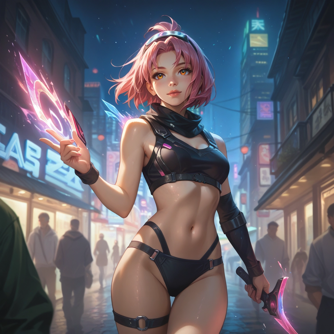 pink hair, navel, breasts, weapon, 1girl, holding · Yamete.gg