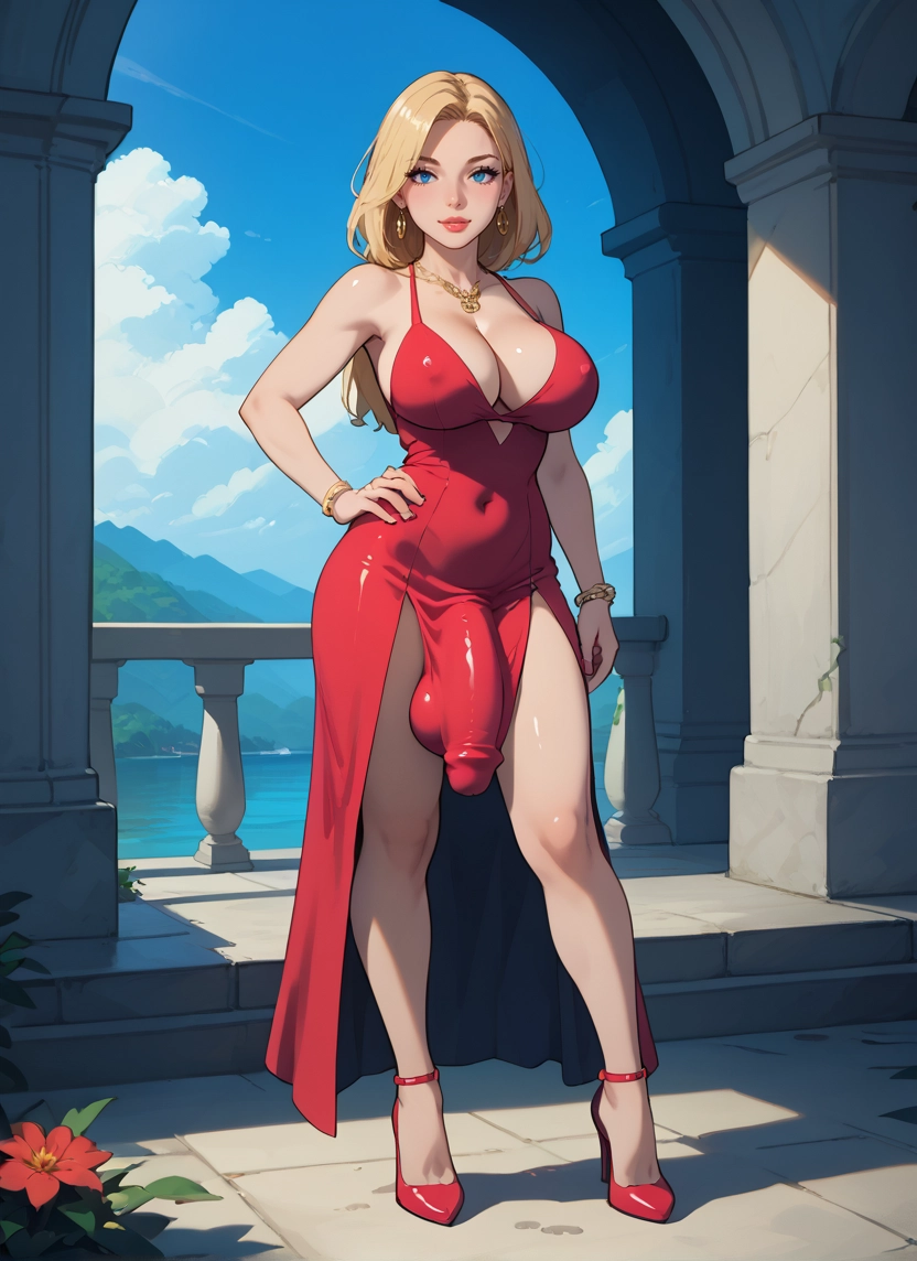 futanari, breasts, 1girl, jewelry, dress, blonde hair · Yamete.gg