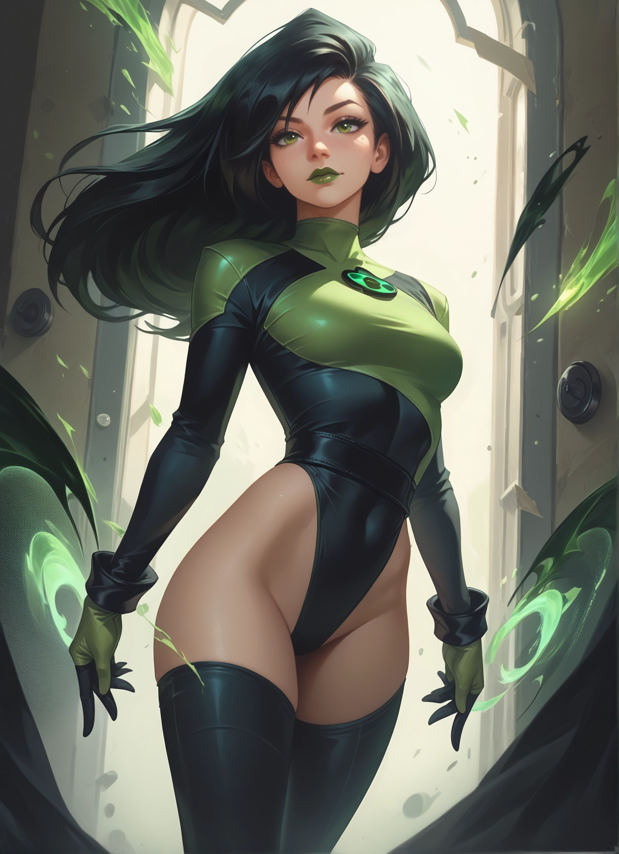 1girl, thighhighs, solo, leotard, gloves, green eyes · Yamete.gg
