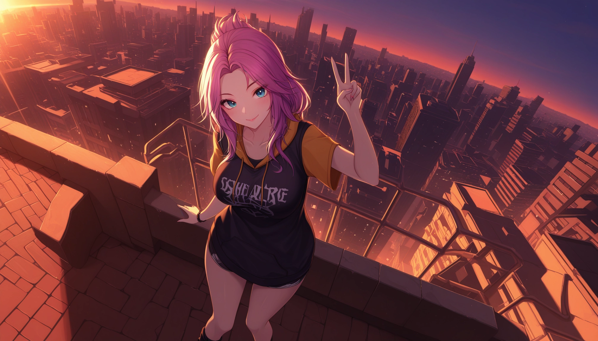 1girl, solo, blue eyes, v, pink hair, looking at viewer · Yamete.gg