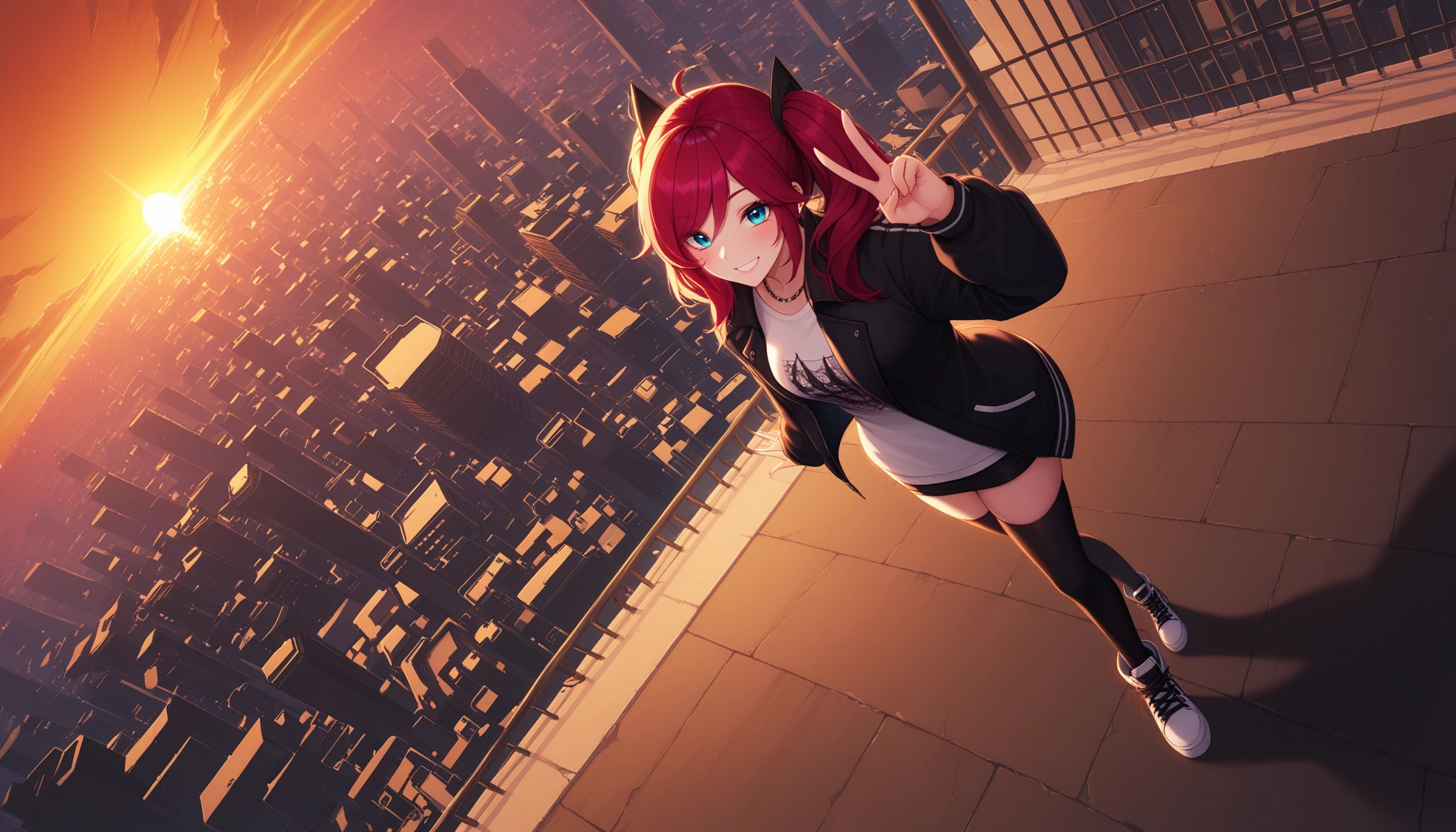 1girl, solo, thighhighs, blue eyes, red hair, jacket · Yamete.gg