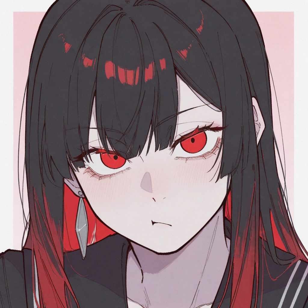 1girl, solo, earrings, red eyes, jewelry, black hair