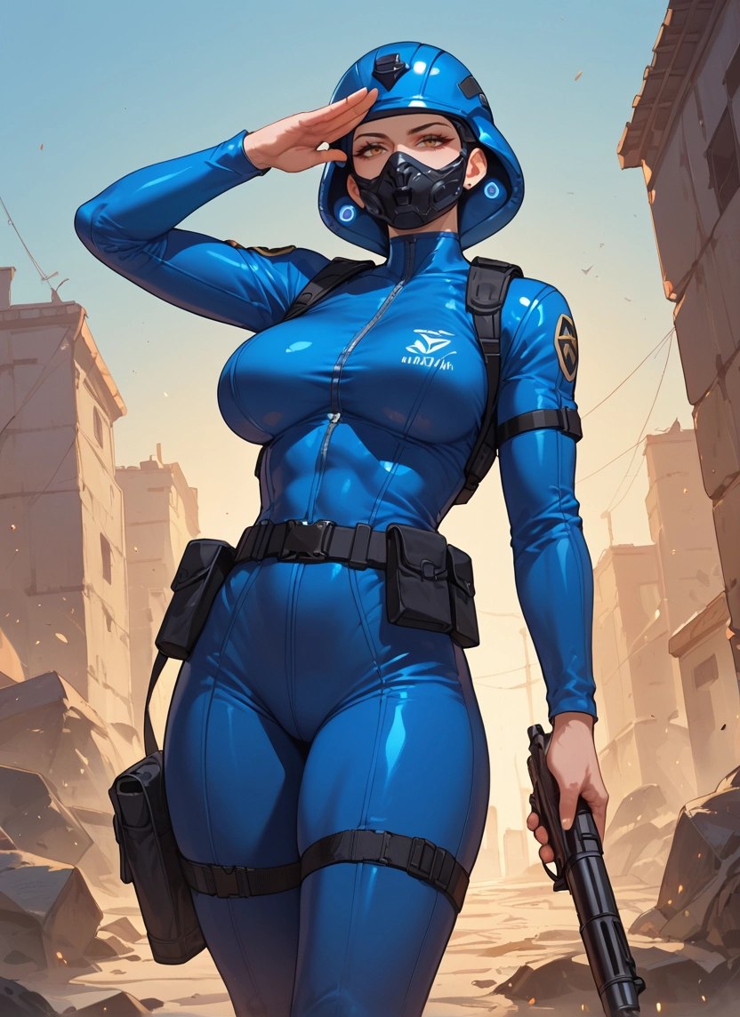 1girl, weapon, gun, breasts, solo, mask · Yamete.gg