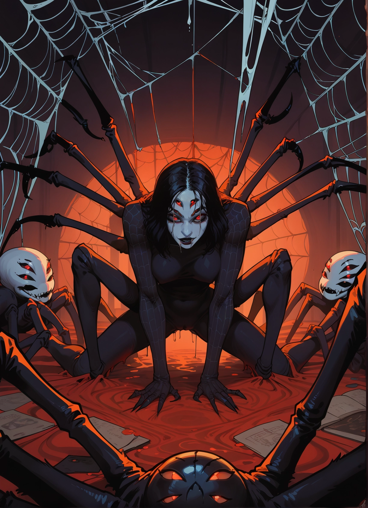 arthropod girl, 1girl, spider girl, silk, red eyes, spider web · Yamete.gg