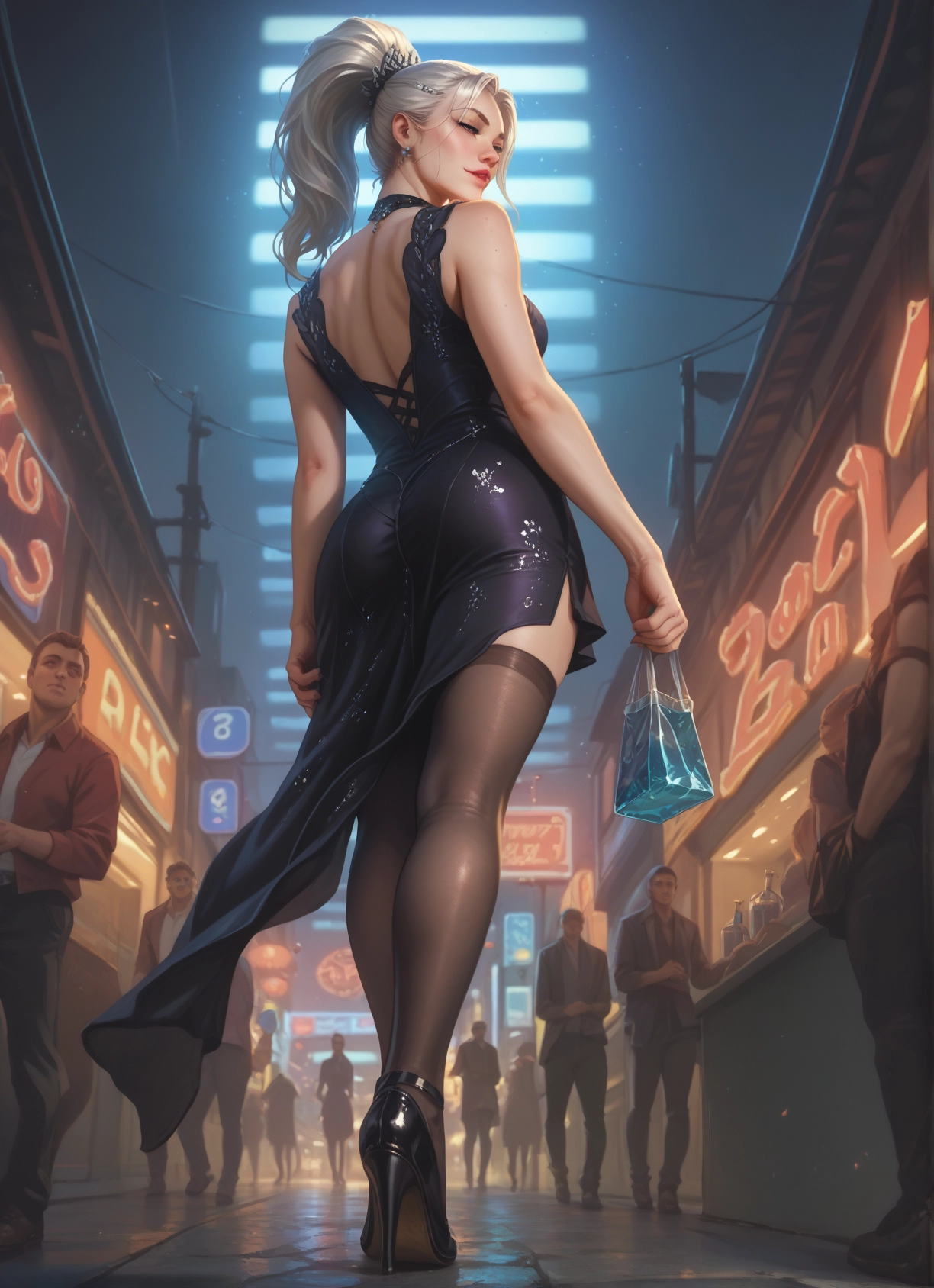 thighhighs, dress, high heels, ass, bag, jewelry · Yamete.gg