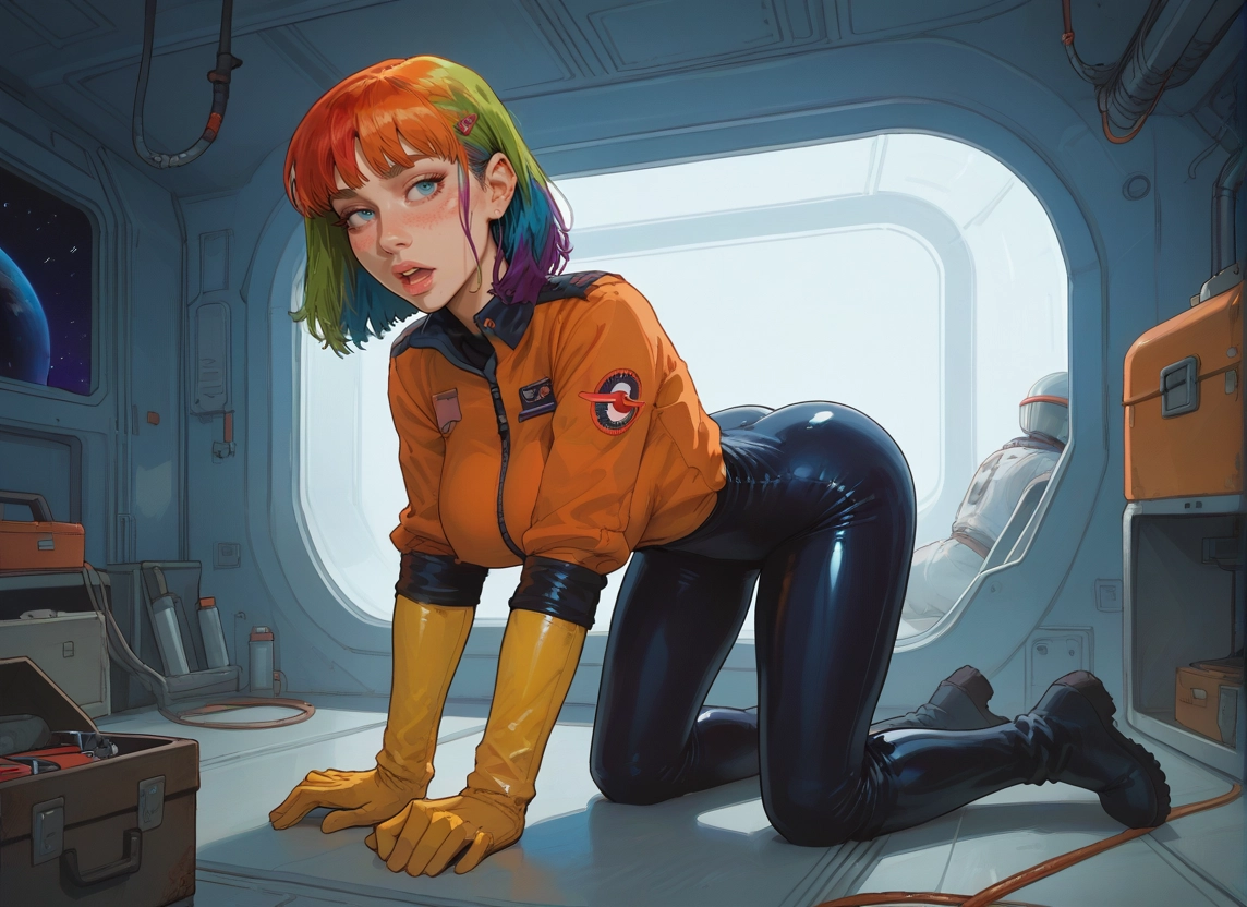 1girl, solo, multicolored hair, gloves, bodysuit, latex · Yamete.gg