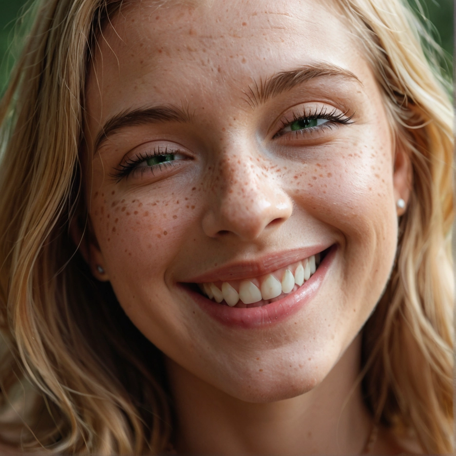 1girl, solo, freckles, teeth, green eyes, smile · Yamete.gg