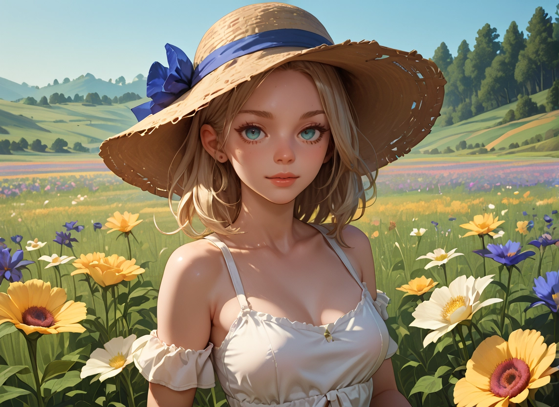 1girl, hat, flower, solo, breasts, dress · Yamete.gg