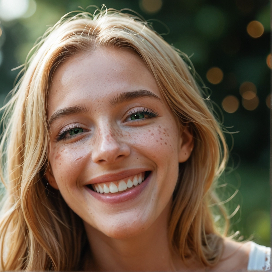 1girl, solo, smile, blonde hair, freckles, teeth · Yamete.gg